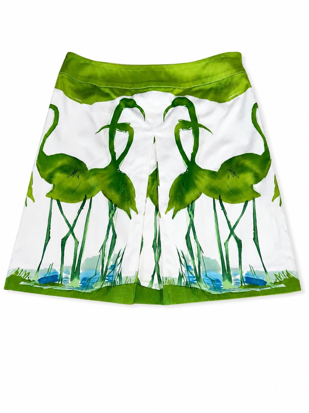 Etcetera Green Flamingo Print Full Skirt Women’s Size 2 White Tropical Stretch